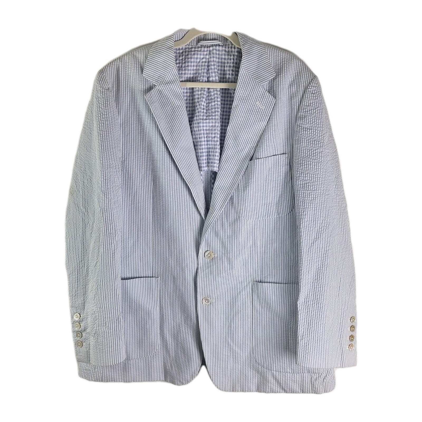 Henry Jacobson Seersucker Blue And White Mens 100% Cotton Blazer Mens Large